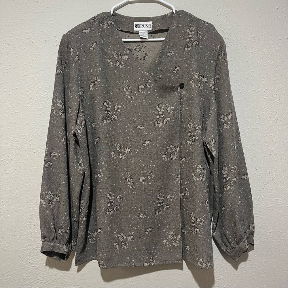 Vintage Russ Blouse Woman 18 XL Crossover Buttons Gray Floral Boho Long Sleeve